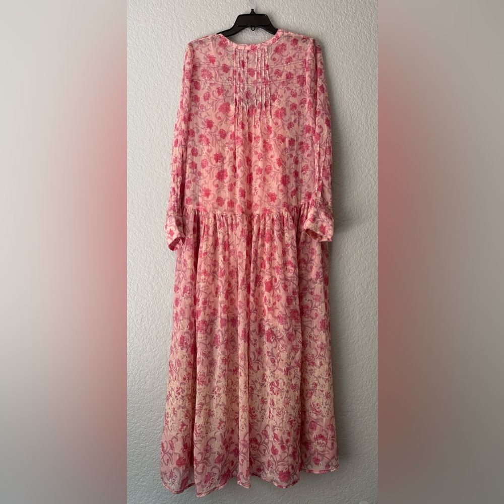 Free People Pink and White Pleated Tiered Sundress with Bishop Sleeves - Picture 4 of 14